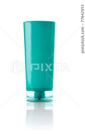 Turquoise plastic container of hair conditioner or body cream isolated on a white background. Turquoise plastic container of hair conditioner or body cream isolated on a white background. 77642953