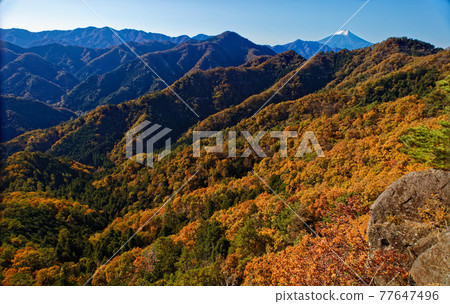 從大月市和御前山看到的紅葉山脈和富士山 77647496