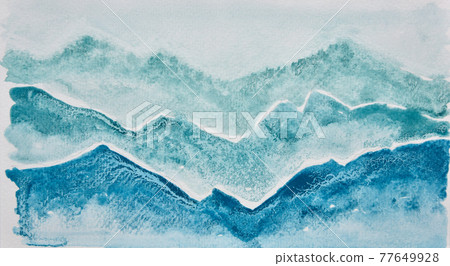 a photo image of abstract dark blue watercolor on paper, hand paint of blue watercolor like a mountain or wave for background, wet technique on paper with sediment of old long store of watercolor 77649928