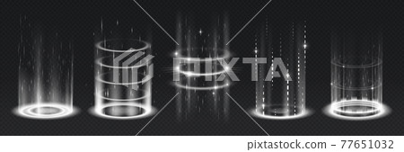 Level up effect. Realistic teleportation portal. Light aura and glowing hologram. White energy circles and rays on transparent background. Innovation technology. Vector teleports set Level up effect. Realistic teleportation portal. Light aura and glowing hologram. White energy circles and rays on transparent background. Innovation technology. Vector teleports set 77651032