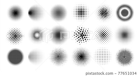 Halftone circles. Abstract comic pop art graphic elements. Dots shapes with shadow gradient effects. Web painter brush templates. Black spray spots. Vector geometric minimal forms set Halftone circles. Abstract comic pop art graphic elements. Dots shapes with shadow gradient effects. Web painter brush templates. Black spray spots. Vector geometric minimal forms set 77651034
