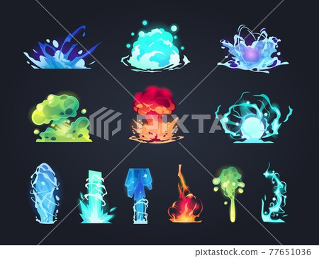 Bomb explosion. Cartoon game boom effects. Fire blast with rising smoke and futuristic weapon shot. Laser beam and ray gun trace. Lightning strike. Vector elemental magic spells set 77651036