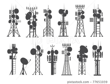Antenna silhouettes. Cellular towers. Constructions set for broadcasting digital signals. Internet or radio communication receivers. Vector wireless analog data transmission equipment Antenna silhouettes. Cellular towers. Constructions set for broadcasting digital signals. Internet or radio communication receivers. Vector wireless analog data transmission equipment 77651039