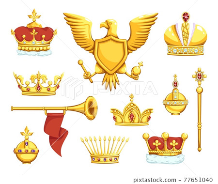 Cartoon royal symbols. Imperial crowns. Scepter and ord. Coat of arms with eagle. King or queen precious headdresses. Trumpet and heraldic emblems. Vector medieval royalty insignia Cartoon royal symbols. Imperial crowns. Scepter and ord. Coat of arms with eagle. King or queen precious headdresses. Trumpet and heraldic emblems. Vector medieval royalty insignia 77651040