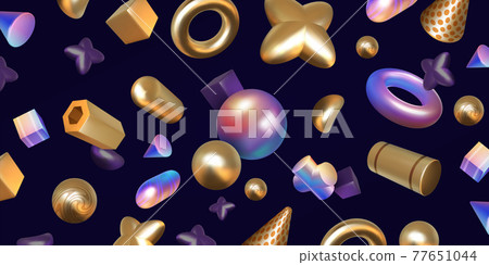 Realistic abstract background. 3D render with holographic and metallic shapes. Trendy art iridescent elements. Geometric forms with color gradient. Vector golden and rainbow figures 77651044