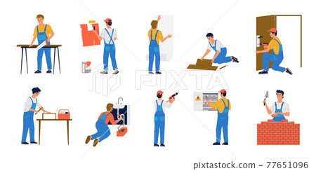 Home repair workers. House maintenance. Construction brigade make renovation. Painter glues wallpaper and workman builds brick wall. Plumber works with sewerage. Vector repairmen set Home repair workers. House maintenance. Construction brigade make renovation. Painter glues wallpaper and workman builds brick wall. Plumber works with sewerage. Vector repairmen set 77651096