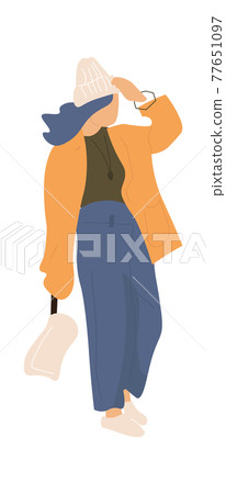 Woman walking. Cartoon female goes outdoor. Isolated character in trendy casual clothes carries handbag. Cute girl wears jeans and jacket with knitted hat. Vector fashionable outfit Woman walking. Cartoon female goes outdoor. Isolated character in trendy casual clothes carries handbag. Cute girl wears jeans and jacket with knitted hat. Vector fashionable outfit 77651097