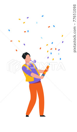 Happy dancing man with party confetti. Cartoon man blowing up cracker with colorful pieces of paper. Male character having fun at holiday. Boy celebrating birthday. Vector festive event 77651098