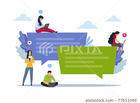 Phone chat. People use mobile and laptop for online messaging. Social media communication. Persons holds smartphones and write emails. Colorful speech bubbles. Vector send web letters 77651099