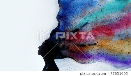 Mental Health, Imagination and Creativity Concept. Silhouette photo of Woman combined with Colorful Watercolor. Positive Mind, Freedom, Enjoying and Life Philosophy Mental Health, Imagination and Creativity Concept. Silhouette photo of Woman combined with Colorful Watercolor. Positive Mind, Freedom, Enjoying and Life Philosophy 77651605