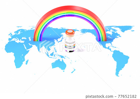 3D illustration of the new coronavirus vaccine and the rainbow of hope against the backdrop of a world map 77652182