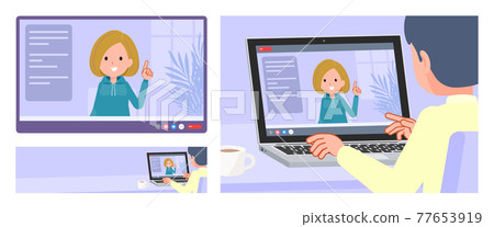 A set of women in a hoodie having a video chat A set of women in a hoodie having a video chat 77653919
