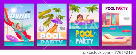Kids aquapark pool party banners set, invitation 77654219