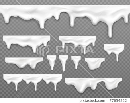 Realistic dripping milk drops, melted white liquid 77654222