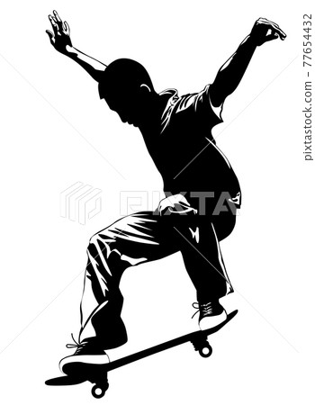 Silhouette of a young man performing a trick on a skateboard Silhouette of a young man performing a trick on a skateboard 77654432