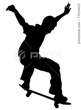 Silhouette of a young man performing a trick on a skateboard Silhouette of a young man performing a trick on a skateboard 77654433