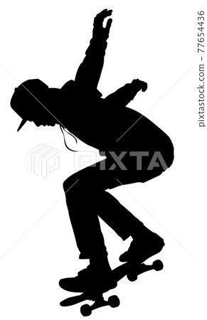 Silhouette of a young man performing a trick on a skateboard 77654436