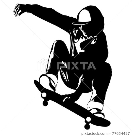 Silhouette of a young man performing a trick on a skateboard Silhouette of a young man performing a trick on a skateboard 77654437