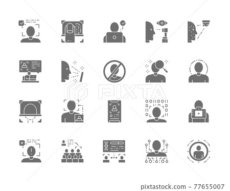 Set of Face Detection Grey Icons. Id Verification, Fingerprint, Face Scanning 77655007