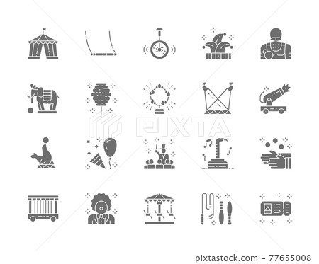 Set of Circus Grey Icons. Clown, Swing, Jester Hat, Elephant, Juggler and more. 77655008