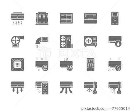 Set of Air Conditioning Grey Icons. Remote Control, Cooler, Humidifier and more. 77655014