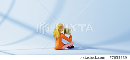Education concept. 3d of woman read book on blue background. Modern flat design isometric concept of Education. Back to school. 77655389