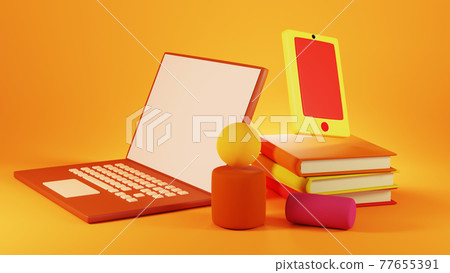 Digital Online Education. 3d of notebook and mobile about learning on phone, computer. social distance concept. Classroom Online internet network. 77655391