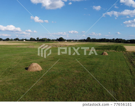 Haystack on a farm field on a sunny summer day, view from the top. Farm land, landscape from a bird's eye view. Clear blue sky over the field. 77656181
