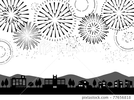 帶有煙花的城市景觀插圖(單色剪影) 帶有煙花的城市景觀插圖(單色剪影) 77656818