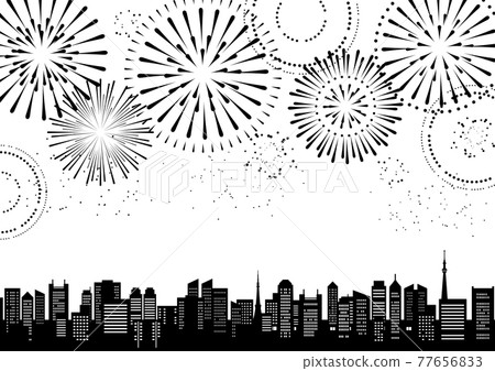 Illustration of cityscape with fireworks (monochrome silhouette) 77656833
