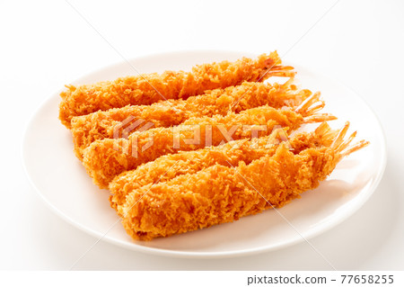 Fried shrimp (white plate, white background). 77658255