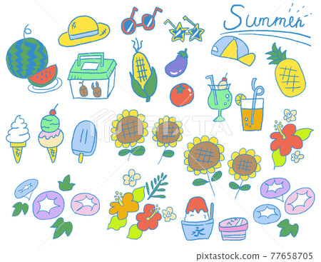 It is an assorted illustration of summer flowers and food. 77658705