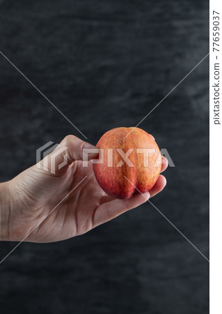 Holding a red peach and tapping on it on black background 77659037