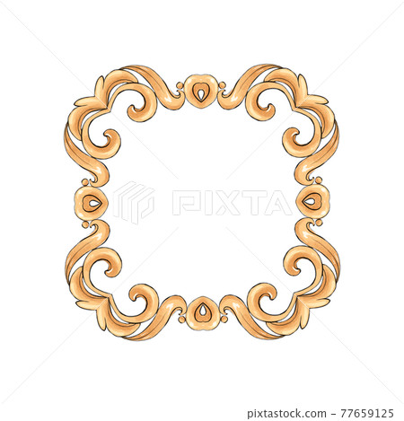 Decorative gold frame with scrolls. Hand drawn elements for design 77659125