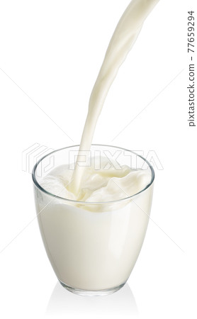 milk pouring into glass isolated on white 77659294