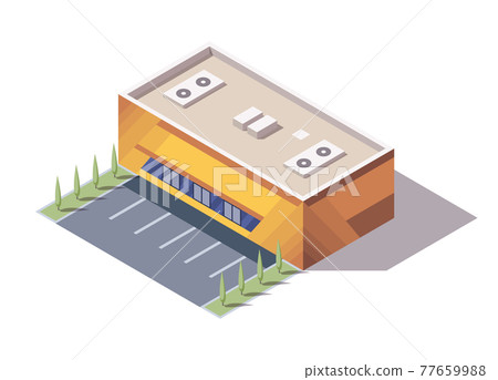 Isometric supermarket or grocery store building. Vector isometric icon or infographic element representing mall building with parking lot. 3D shop market for city infrastructure 77659988