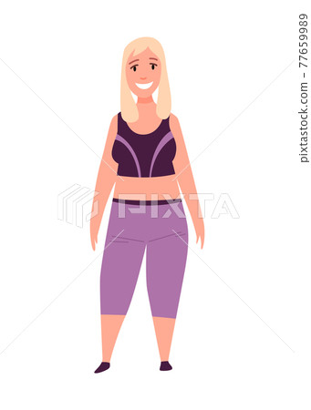 Over size woman. Adult lush lady in casual clothe flat cartoon style. Female character with overweight. Vector person 77659989
