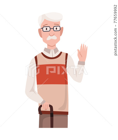 Greeting gesture of old men waving his hand. Character in casual clothes say hello. Nation representative greets you with a smile on his face Greeting gesture of old men waving his hand. Character in casual clothes say hello. Nation representative greets you with a smile on his face 77659992