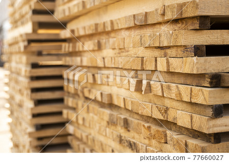 Storage of piles of wooden boards on the sawmill. Boards are stacked in a carpentry shop. Sawing drying and marketing of wood. Pine lumber for furniture production, construction. Lumber Industry. 77660027