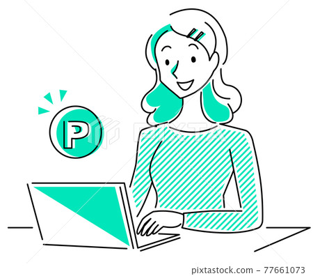 Simple line art illustration of a woman who is pleased with the points Simple line art illustration of a woman who is pleased with the points 77661073