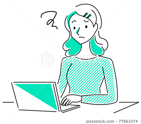 Simple line art illustration of a woman who does not operate the computer well Simple line art illustration of a woman who does not operate the computer well 77661074
