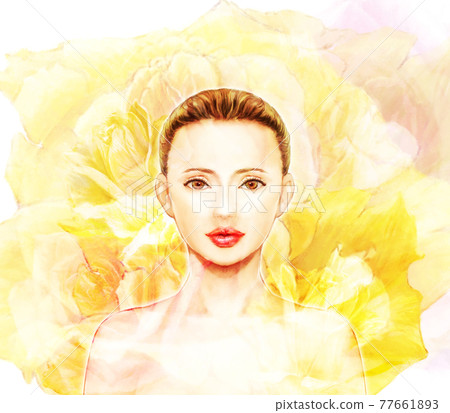 Photorealistic illustration of beautiful woman and bright yellow floral background 77661893