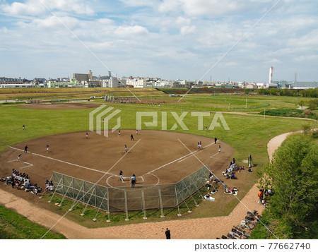Baseball field on the Arakawa riverbed in Itabashi, Tokyo 77662740