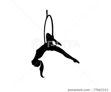 Silhouette of the girl hanging in the aerial hoop. Aerial gymnastics dancer. Vector illustration 77663331