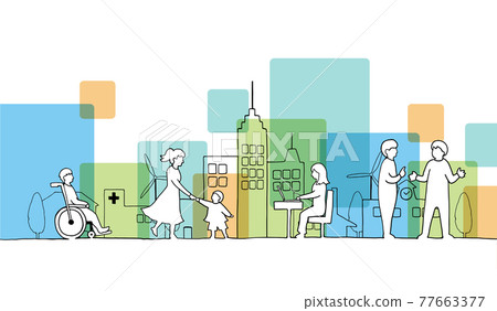 城市景觀和彩色人物的線描插圖 城市景觀和彩色人物的線描插圖 77663377