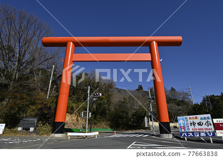The large torii gate of Tsukubasan Shrine that shines in the blue sky The large torii gate of Tsukubasan Shrine that shines in the blue sky 77663838