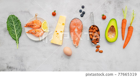Ketogenic low carbs diet concept. Ingredients for healthy foods selection set up on white concrete background. 77665319