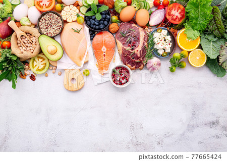 Ketogenic low carbs diet concept. Ingredients for healthy foods selection set up on white concrete background. 77665424