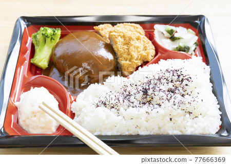 Delicious hamburger and pork cutlet lunch Delicious hamburger and pork cutlet lunch 77666369