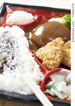 Delicious hamburger and pork cutlet lunch Delicious hamburger and pork cutlet lunch 77666379